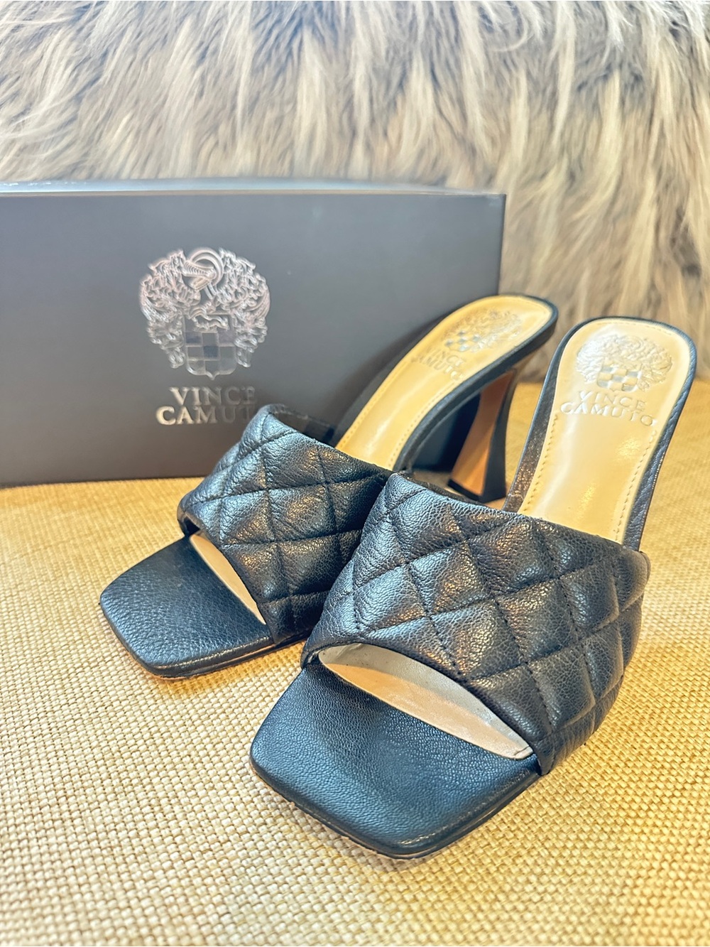Vince Camuto Black Quilted Leather Slide Sandals
